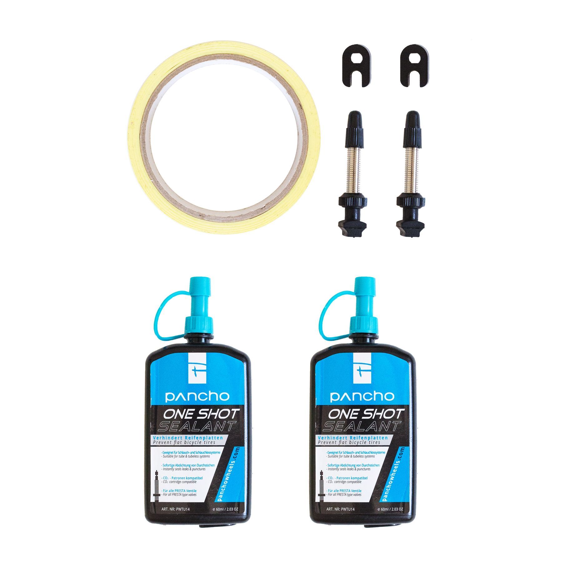 Panchowheels Tubelesskit (2x Sealant ONE SHOT 60ml + 2 x Ventile + Felgenband)